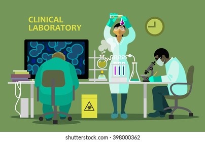 Cientistas em laboratório médico fazendo pesquisa.Há equipamentos químicos, microscópio e computador sobre a mesa. Ilustração vetorial estilo dos desenhos animados isolada no fundo verde.