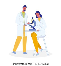 Scientists with Microscope Cartoon Illustration. Chemists, Biologists. Colleagues in Uniforms Characters. Diagnostic Laboratory. Teacher and Student in University. Microbiology Professor. Researcher