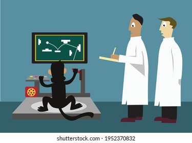 Scientists observes an ape playing a computer game. Editable Clip art. 