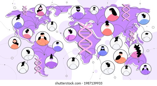 scientists on world map discussing during virtual meeting DNA testing genetic engineering global communication