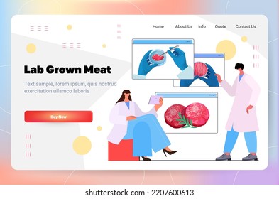 scientists opening web browser windows with cultured red raw meat made from animal cells artificial lab grown meat production