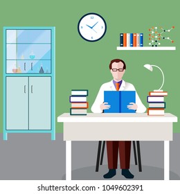 Scientists people composition with man at the table in his office studies professional literature vector illustration
