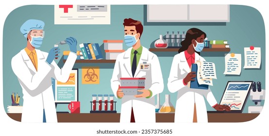 Scientists people doing research in laboratory. Chemists team men, woman doing medicine science analysis in lab. Chemistry, coronavirus vaccine test, medical biology doctor flat vector illustration svg