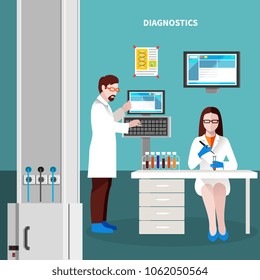 Scientists people multicolored concept with man and woman at the workplace in lab and diagnostics headline vector illustration