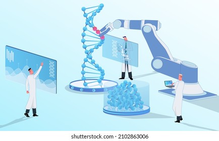 Scientists perform genetic analysis of DNA in the lab. Around innovative graphics and technology