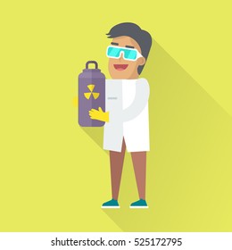 Scientists physicist in white robe and glasses holding gray container containing radioactive materials. Scientists in lab. Science and technology development, scientific research, research