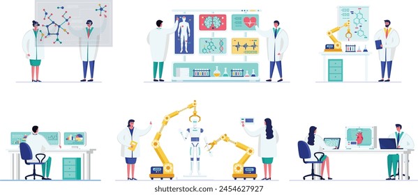 Scientists presenting molecular structures, researchers analyzing medical data, laboratory work. Engineers operating robotics artificial intelligence modern technology setting. Medical professionals