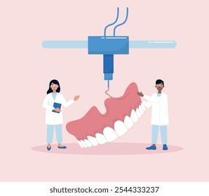 Scientists printing denture on 3D printer. Dentistry and technology concept. Vector illustration in flat style.