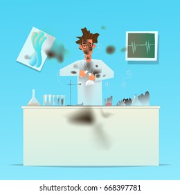 Scientists professor worker at lab or laboratory, chemical research specialist. Chemist tester explosion. Education and science, job and work, employee and people. Vector illustration