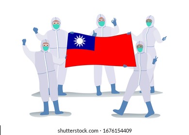 Scientists in protection cloth carrying the Flag of the Republic of China or  flag of Taiwan rejoice because they succeeded in Invented methods of treatment Covid-19 or Coronavirus disease