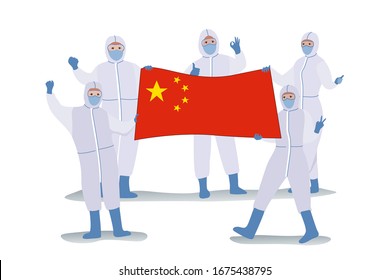 Scientists in protective clothing carrying the Chinese flag rejoice because they succeeded in Invented methods of treatment Covid-19 or Coronavirus disease