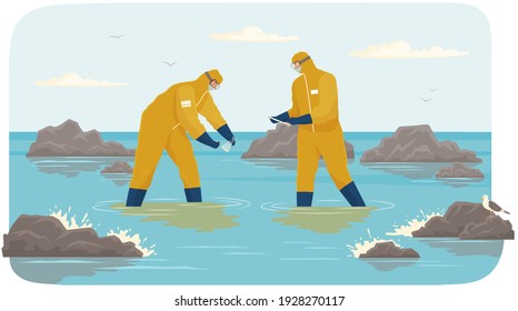 Scientists in protective suits collect samples of contaminated water. People analyze state of ocean. Men collect water in test tube and conduct experiments. Person makes notes during research