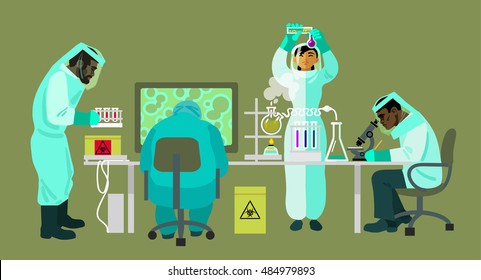 Scientists in protective suits are working with bio hazardous substances. Virologists are carrying out research in the medical laboratory. Cartoon flat vector illustration.