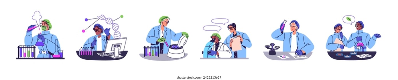 Scientists research in chemical laboratory. Pharmacy workers discover remedy with medical equipment. Doctors study, do clinical tests with microscope. Scince flat isolated vector illustration on white