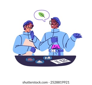 Científicos investigan en laboratorio químico. Trabajadores de Ciencia descubren remedio en laboratorio de farmacia. Los médicos hacen pruebas clínicas con un frasco médico, un vaso de precipitados. Ilustración vectorial aislada plana sobre fondo blanco