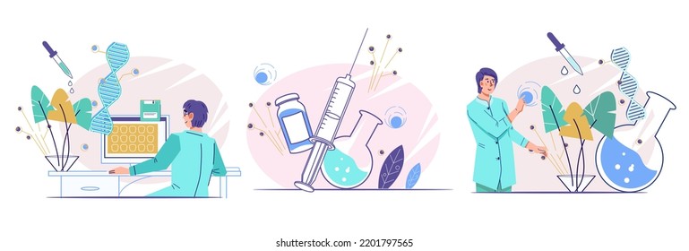 Scientists research DNA and bio processes in laboratory, flat vector illustration isolated on white background. Bioengineering and Genetic DNA science, pharmaceutical experiments set.