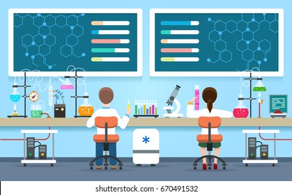 Scientists research in laboratory vector illustration. Chemical lab interior with female researcher and male doctor experiment concept