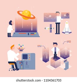 scientists research in laboratory/character cartoon of scientists
