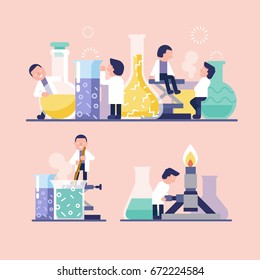 scientists research in laboratory/character cartoon of scientists