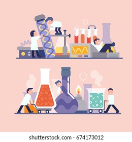 scientists research in laboratory/character cartoon of scientists