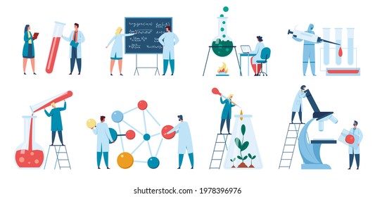 Scientists research. Scientist or biologist working in laboratory. Lab worker in white coat. Biotechnology, scientific research concept vector set. Chemists making invention or analysis