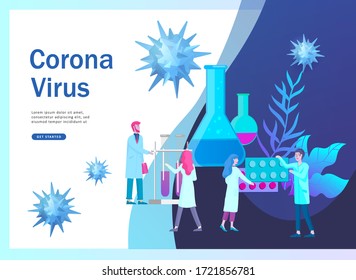 Scientists research virus and search vaccine. Stop Coronavirus Concept. Dangerous Pandemic 2019-nCoV icon, Wuhan. Protection and prevention of 2019-nCoV, banner and landing page, vector