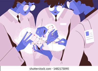 Scientists, Researchers Or Geneticists Holding DNA Molecule And Trying To Unravel Its Structure. Concept Of Genetics Research, Genome Analysis, Genomics Experiment. Flat Cartoon Vector Illustration.