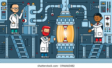 Scientists researchers in laboratory doing an experiment on sophisticated experimental scientific equipment. Team of physicists. Vector illustration.