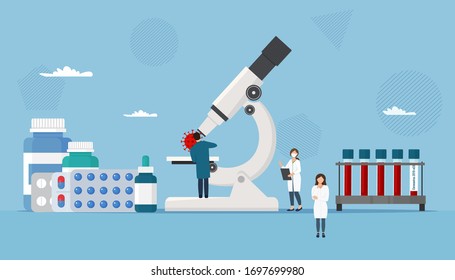 Scientists, researchers looking for a coronavirus vaccine. Laboratory equipment. Covid-19 Pills and Remedies. Global pandemic solution. Vector illustration in flat style