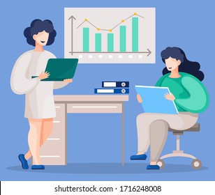 Scientists or researchers in room with charts and infographics. Students in classroom discussing results of research. Teamwork of female characters. Chemists or doctors, nurses in laboratory vector