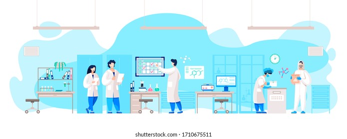 Scientists and researchers working in laboratory on making new coronavirus medicine. People in lab making expertise or viruses or infection. Characters using microscope for detailed cell image vector