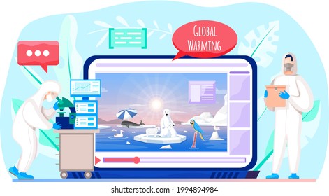 Scientists are researching causes of global warming. People in protective suits work with equipment. Video with animals suffering from temperature increase and glaciers melting on tablet screen