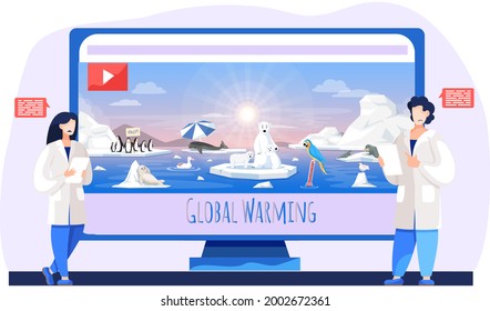 Scientists are researching global warming, climate change. Video with animals suffering from rise in temperature of planet and melting of glaciers on computer monitor. Global warming video concept