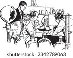 Scientists in a Science Lab looking at test tubes Vintage Etching, Retro Clip Art