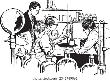 Scientists in a Science Lab looking at test tubes Vintage Etching, Retro Clip Art