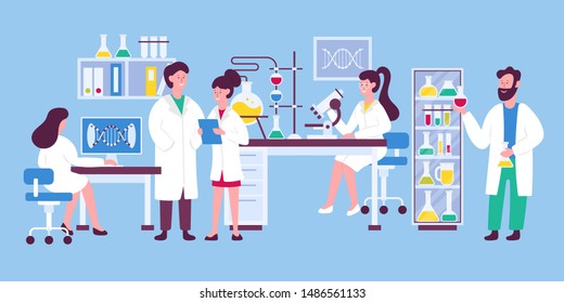 科学研究室のベクター画像フラットイラストで働く白いコートを着た科学者のグループ 白い背景に化学実験室で実験を行う人間と女性の研究者 科学研究 のベクター画像素材 ロイヤリティフリー