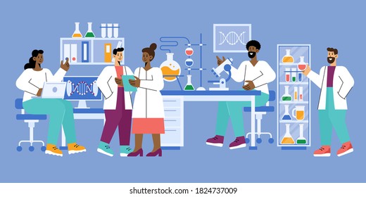 科学研究室のベクター画像フラットイラストで働く白いコートを着た科学者のグループ 白い背景に化学実験室で実験を行う人間と女性の研究者 科学研究 のベクター画像素材 ロイヤリティフリー