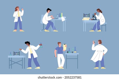 Scientists In Science Laboratory Making Research For Production New Coronavirus Vaccine. Development Process Medicine For Manufacturing At Pharmaceutical Plant. Vector Illustration