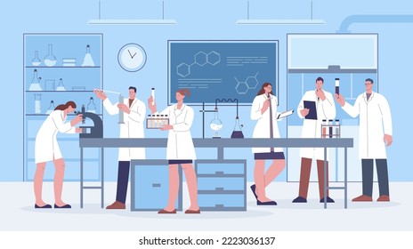 Scientists science research laboratory. Biology genetic medicine professional workers. Clinic and pharma research. Kicky chemistry vector characters