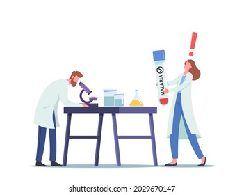 Wissenschaftler Wissenschaftliche Forschung im Wissenschaftslabor mit Blut infiziert mit Malaria, Mann schauen in Mikroskop, weibliche Techniker Hold Flasche. Chemie, Mikrobiologie-Wissenschaft. Cartoon-Vektorgrafik