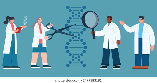 Scientists sequencing DNA helix, researching and analyzing dna molecule in laboratory. Clinical lab experiments. Genetic dna research. Genetic engineering concept. Vector illustration