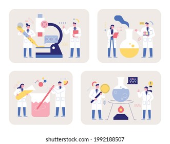  Scientists with simple characters are experimenting with huge experimental equipment. flat design style minimal vector illustration.