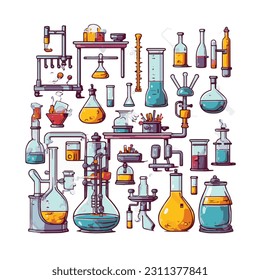 Scientists with simple characters are experimenting with huge experimental equipment. flat design style minimal vector illustration.