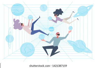 Scientists in simulation room, cyberspace, people in ar headsets floating in zero gravity, virtual reality education