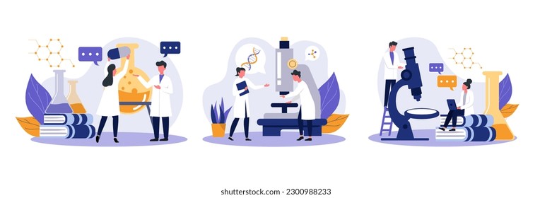 Scientists standing near test tubes and add reagents. Laboratory workers examine DNA structure with microscope. Analysis and testing in laboratory. Flat vector illustration in blue and yellow colors