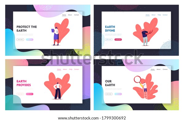 Scientists or Students Learn Geophysics\
Landing Page Template Set. Tiny Characters Study Structure of Earth\
Divided on Layers Crust, Mantle, Outer and Inner Core. Cartoon\
People Vector\
Illustration
