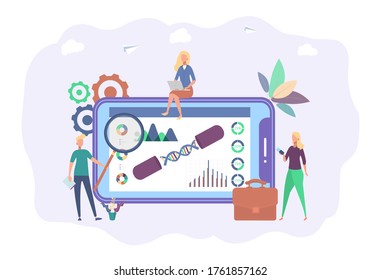 Scientists study DNA and graphics with a magnifying glass on a smartphone. Biotechnology, bio-engineering concepts. Genetically modified products.