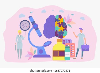 Scientists study microorganisms through a microscope. The effect of the drug on the human brain. Microbiology, biotechnological scientific concept. Colorful vector illustration