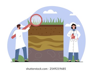 Scientists study soil. Woman and man in scientific suits with magnifying glass exploring soil. Caring for ecology and environment, soil analysis. Flat vector illustration isolated on white background