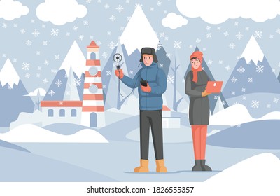 Scientists study winter weather using special equipment and laptop vector flat illustration. Winter landscape with man and woman in warm clothes. Researchers measure the temperature in winter.